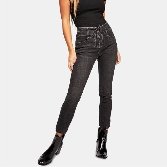 FREE PEOPLE curvy Lace Up Skinny Jean, washed black size 31 high waisted 7 - Picture 1 of 5